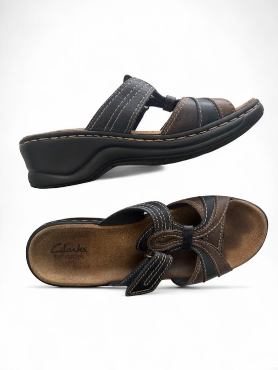 Clarks Shoes - Clarks Bendables Women’s Leather Comfort Wedge Sandals Brown Black Size 7.5 M